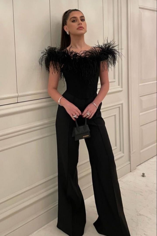 Strapless Black Women Jumpsuit Night Club Off-the-Shoulder Feather Party Jumpsuits 
