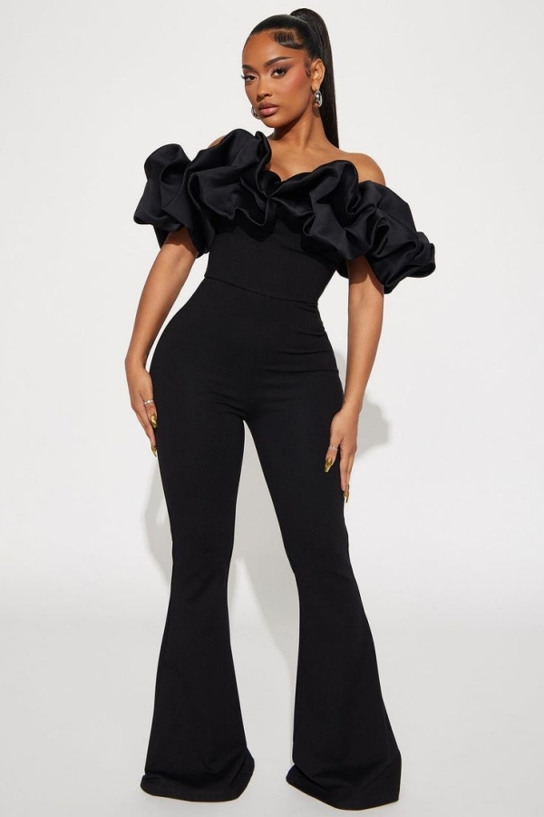 Strapless Black Flowers Jumpsuit Off-the-Shoulder Party Wear Jumpsuits 