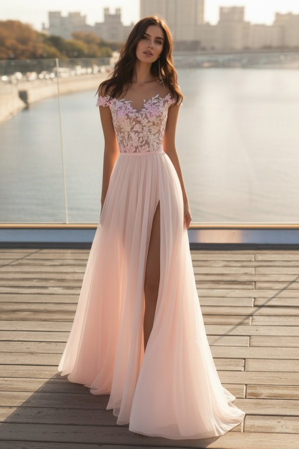 Chicloth Cap Sleeves Appliques Wedding Dress Long With Split