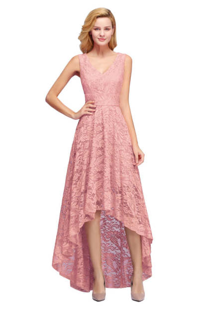 27prom A-line Hi-lo V-neck Burgundy Lace Dresses - Dusty Pink / S - lace dresses