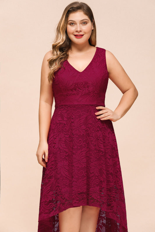 27prom A-line Hi-lo V-neck Burgundy Lace Dresses - lace dresses