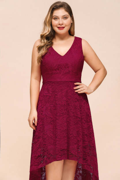 27prom A-line Hi-lo V-neck Burgundy Lace Dresses - lace dresses