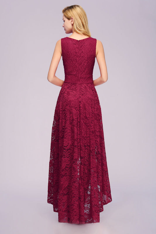 27prom A-line Hi-lo V-neck Burgundy Lace Dresses - lace dresses