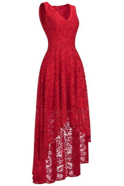 27prom A-line Hi-lo V-neck Burgundy Lace Dresses - Red / US 2 - lace dresses