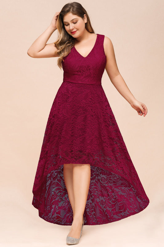 27prom A-line Hi-lo V-neck Burgundy Lace Dresses - lace dresses