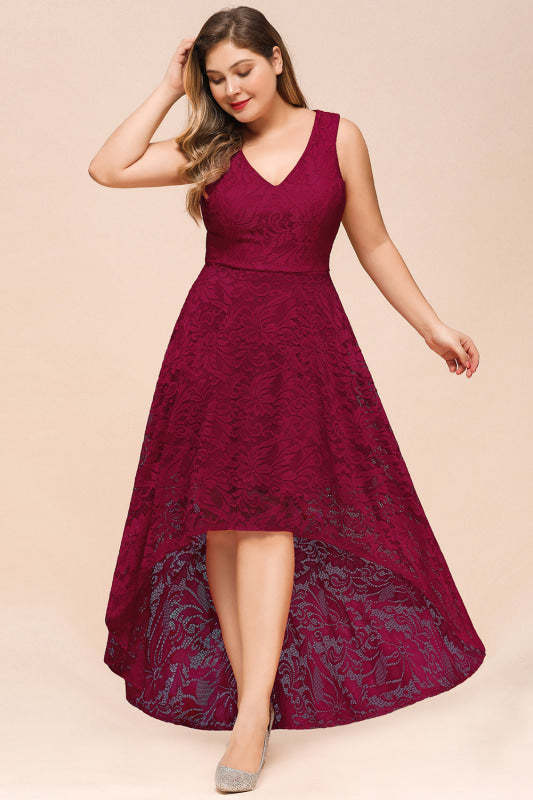27prom A-line Hi-lo V-neck Burgundy Lace Dresses - lace dresses