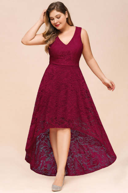 27prom A-line Hi-lo V-neck Burgundy Lace Dresses - lace dresses