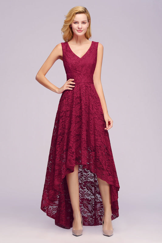 27prom A-line Hi-lo V-neck Burgundy Lace Dresses - lace dresses