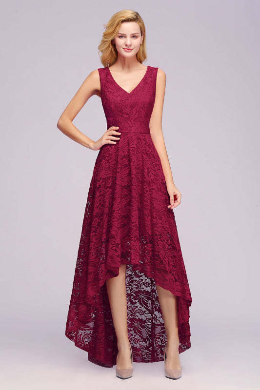 27prom A-line Hi-lo V-neck Burgundy Lace Dresses - lace dresses
