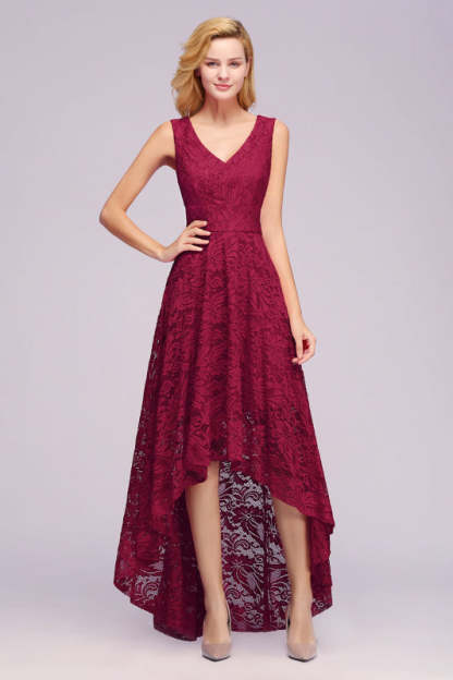 27prom A-line Hi-lo V-neck Burgundy Lace Dresses - lace dresses