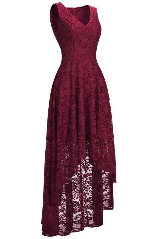 27prom A-line Hi-lo V-neck Burgundy Lace Dresses - Burgundy / US 2 - lace dresses