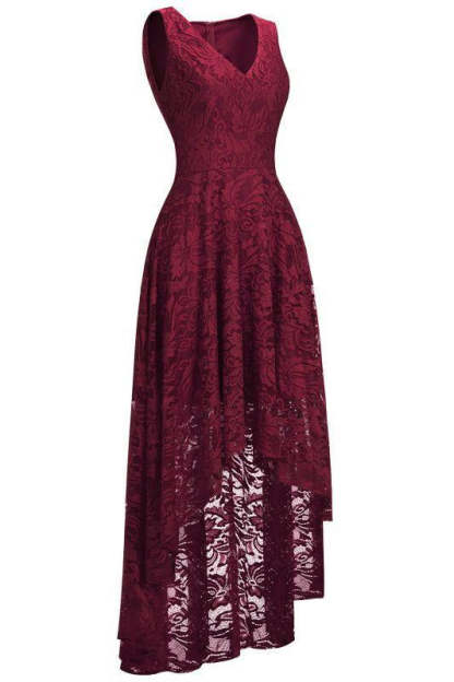 27prom A-line Hi-lo V-neck Burgundy Lace Dresses - Burgundy / US 2 - lace dresses
