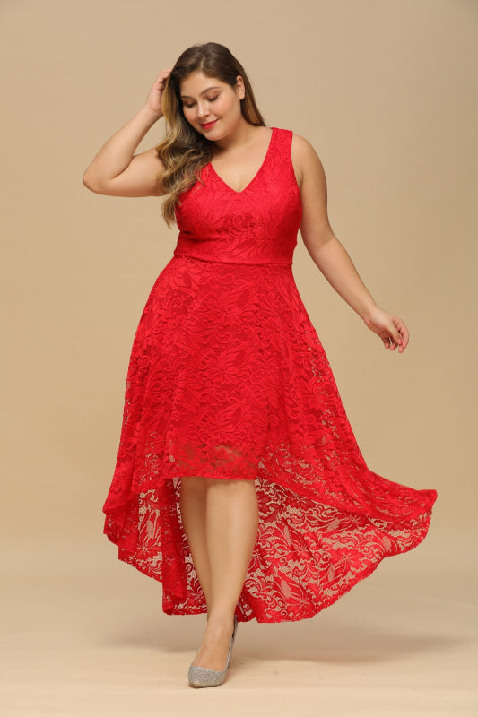 27prom A-line Hi-lo V-neck Burgundy Lace Dresses - lace dresses