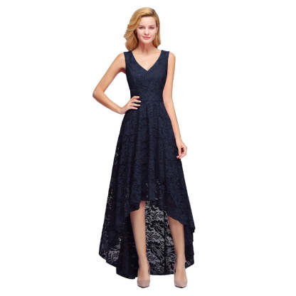 27prom A-line Hi-lo V-neck Burgundy Lace Dresses - Navy Blue / S - lace dresses