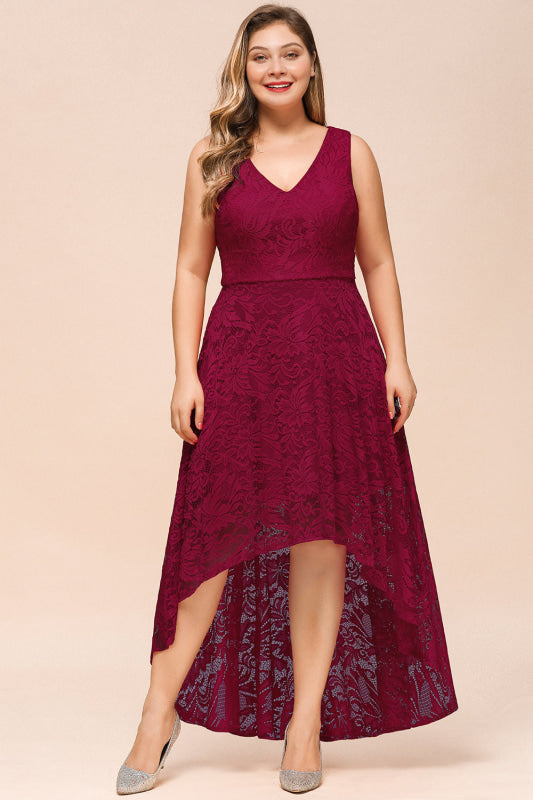 27prom A-line Hi-lo V-neck Burgundy Lace Dresses - lace dresses