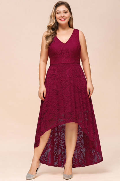 27prom A-line Hi-lo V-neck Burgundy Lace Dresses - lace dresses