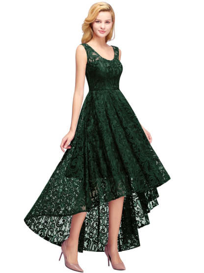 27prom Beautiful A-line Crew Hi-lo Lace Dresses - Dark Green / S - lace dresses