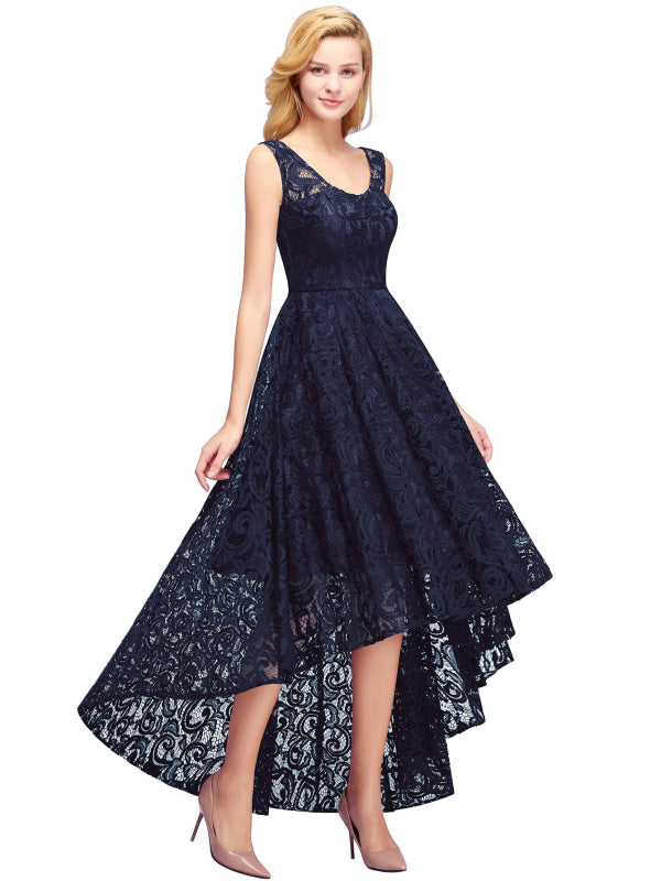 27prom Beautiful A-line Crew Hi-lo Lace Dresses - Dark Navy / S - lace dresses