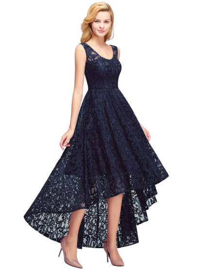 27prom Beautiful A-line Crew Hi-lo Lace Dresses - Dark Navy / S - lace dresses