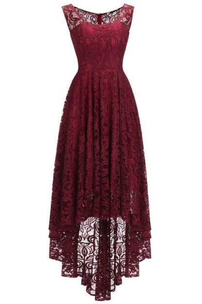 27prom Beautiful A-line Crew Hi-lo Lace Dresses - Burgundy / US 2 - lace dresses