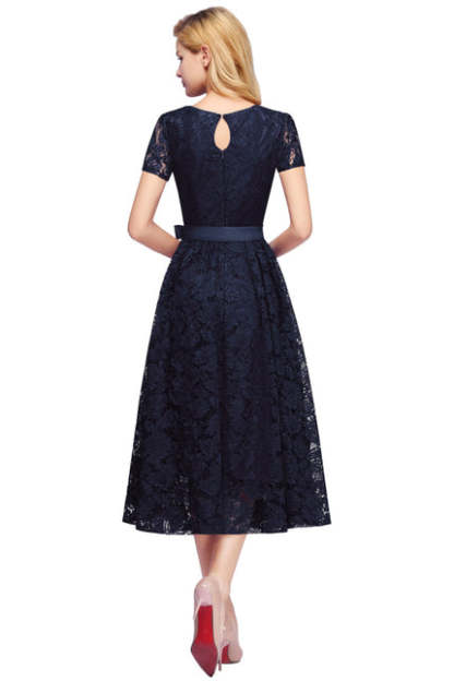 27prom Burgundy Short Sleeves Flower Lace V-neck Dresses with Sash - lace dresses