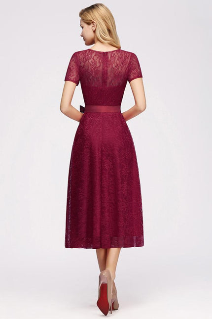 27prom Burgundy Short Sleeves Flower Lace V-neck Dresses with Sash - lace dresses