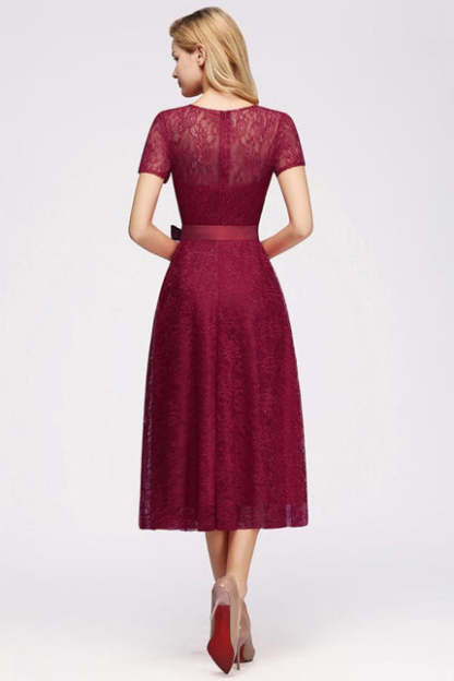 27prom Burgundy Short Sleeves Flower Lace V-neck Dresses with Sash - lace dresses