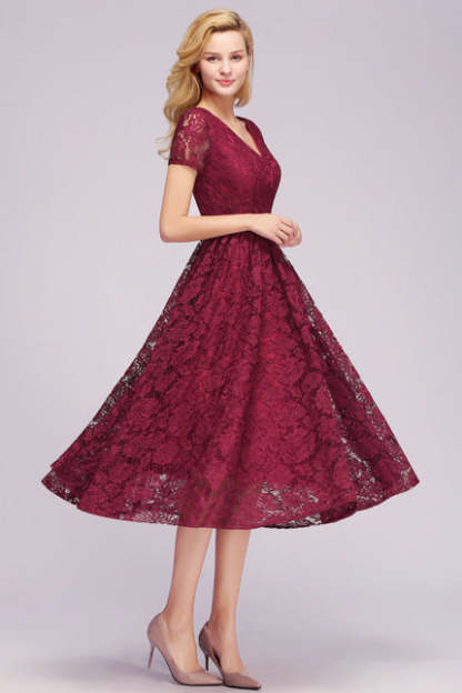 27prom Burgundy Short Sleeves Flower Lace V-neck Dresses with Sash - lace dresses
