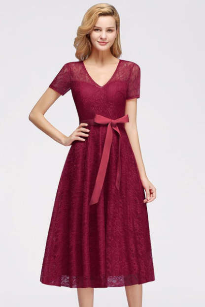 27prom Burgundy Short Sleeves Flower Lace V-neck Dresses with Sash - lace dresses