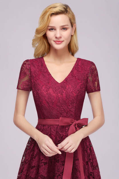 27prom Burgundy Short Sleeves Flower Lace V-neck Dresses with Sash - lace dresses