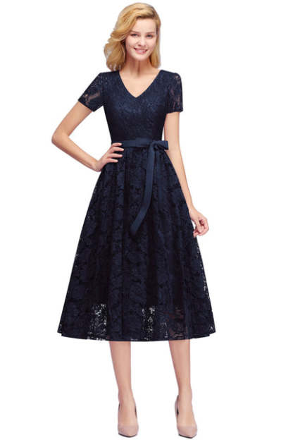 27prom Burgundy Short Sleeves Flower Lace V-neck Dresses with Sash - Navy Blue / S - lace dresses