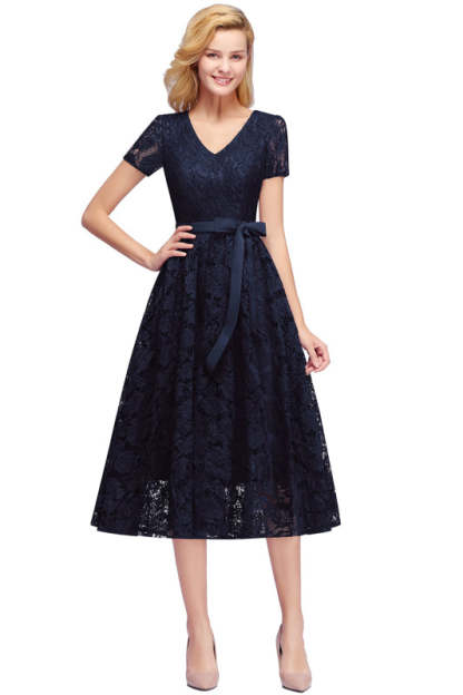 Chicloth Chic Short Sleeves Burgundy Floral Lace V-neck Formal Dresses with Sash