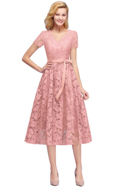 27prom Burgundy Short Sleeves Flower Lace V-neck Dresses with Sash - Dusty Pink / S - lace dresses