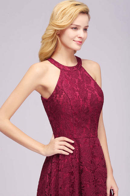 27prom Halter Sheath Asymmetrical Burgundy Lace Dresses - lace dresses