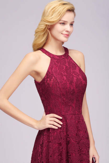 27prom Halter Sheath Asymmetrical Burgundy Lace Dresses - lace dresses