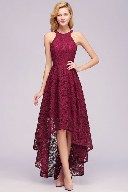 27prom Halter Sheath Asymmetrical Burgundy Lace Dresses - lace dresses