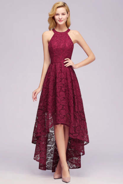 27prom Halter Sheath Asymmetrical Burgundy Lace Dresses - lace dresses
