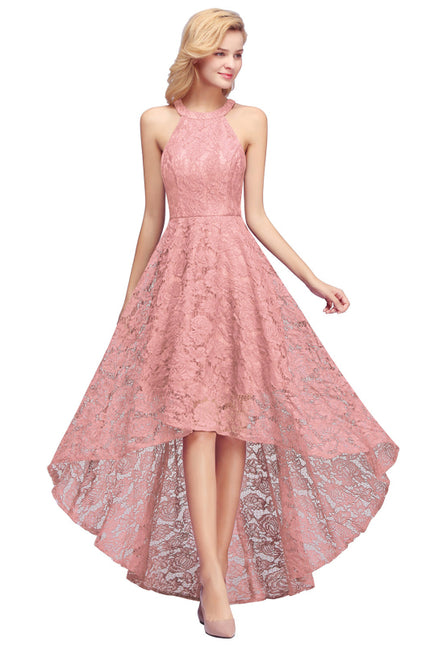 27prom Halter Sheath Asymmetrical Burgundy Lace Dresses - Dusty Pink / S - lace dresses