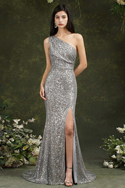 Chicloth One Shoulder Silver Sequins Bridesmaid Dress Mermaid With Slit