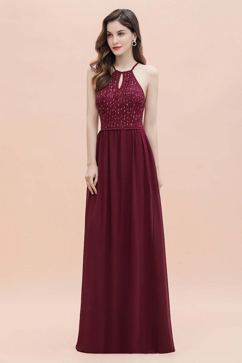 Chicloth Glamorous Halter A-line Bridesmaid Dress Chiffon Sequins Elegant Party Maxi Dress