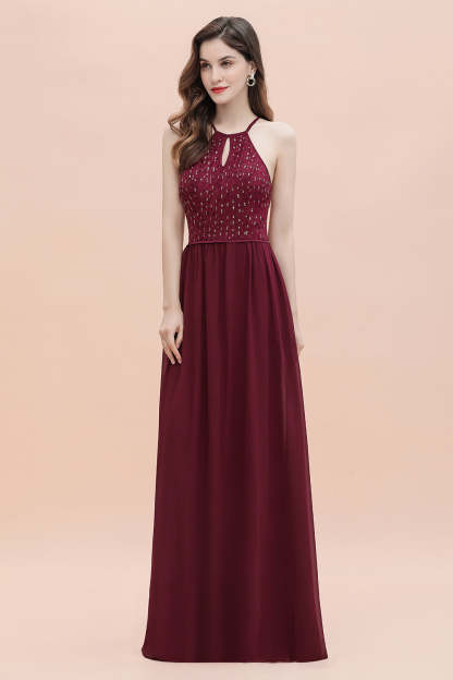Chicloth Glamorous Halter A-line Bridesmaid Dress Chiffon Sequins Elegant Party Maxi Dress