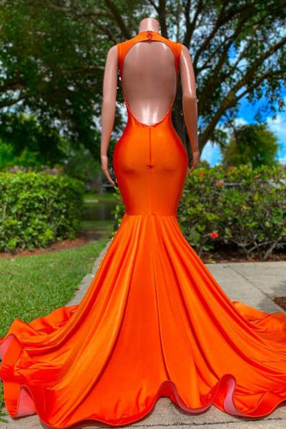 Chicloth Orange Long Sleeves Prom Dress Mermaid With Beads