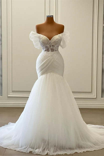 Chicloth Off-the-Shoulder Tulle Wedding Dress Mermaid Long