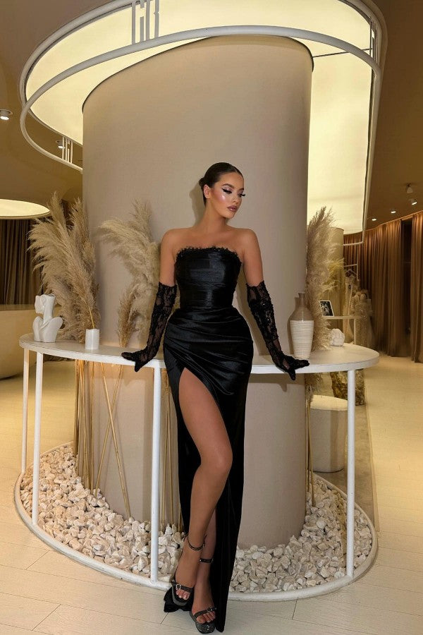 Chicloth Black Strapless Prom Dress Mermaid Long Slit On Sale