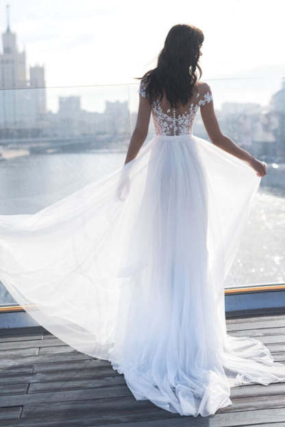 Chicloth Cap Sleeves Appliques Wedding Dress Long With Split