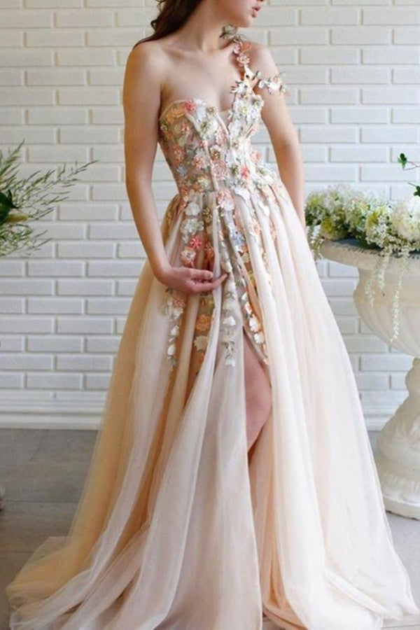 Chicloth Fairy Flowers Applique Prom Dress Champagne Tulle With Slit