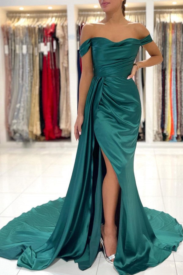 Chicloth Off-the-Shoulder Dark Green Prom Dress Mermaid With Slit