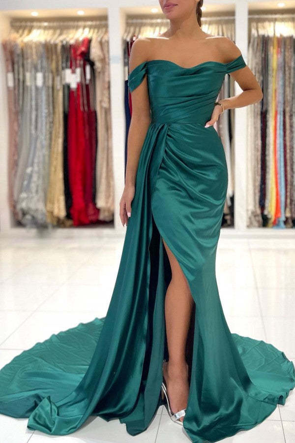 Chicloth Off-the-Shoulder Dark Green Prom Dress Mermaid With Slit