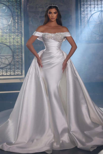 Chicloth Off-the-Shoulder Overskirt Wedding Dress Long With Beads