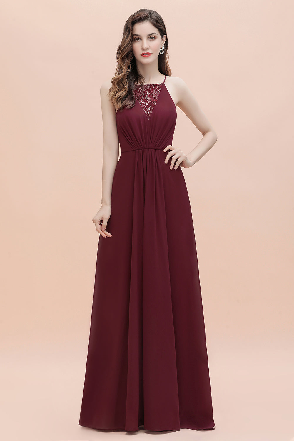 Chicloth Sexy V-neck Burgundy Chiffon Bridesmaid Dress Spaghetti Straps Lace Sequins Evening Dress